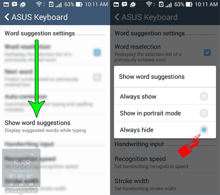 Cara untuk mematikan saran kata atau word suggestion pada keyboard dari perangkat ASUS Zenfone