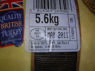 The label from my Frozen Turkey, so I would remember how long to cook it for