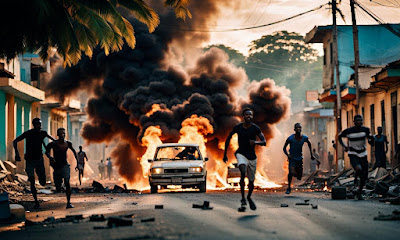 People running in streets of ruined buildings and burning cars.