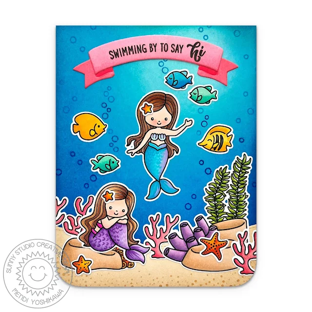 Sunny Studio Swimming By To Say Hi Mermaid Summer Card using Mermaid Kisses & Ocean View Stamps, and Brilliant Banner 2 Dies