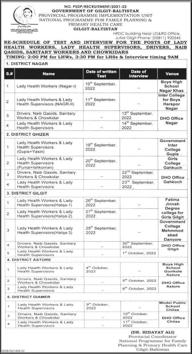 National Programme for Family Planning & Primary Healthcare Jobs In Gilgit August 2022