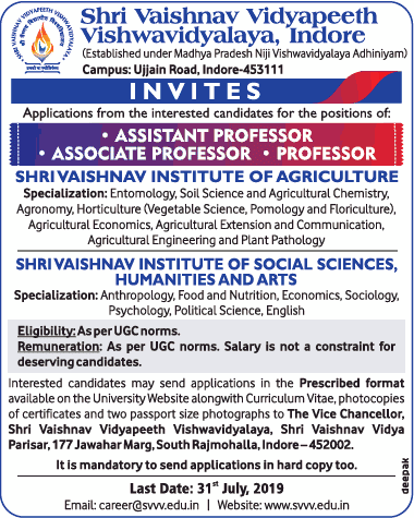 SVVV Indore Faculty Jobs 2019 in Agricultural Sciences 