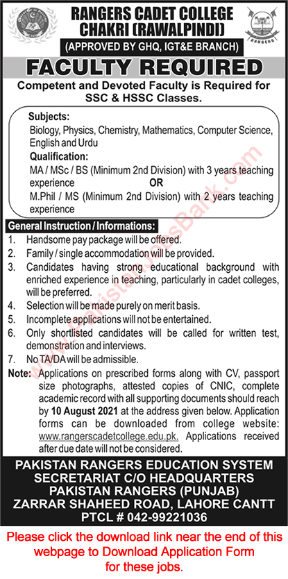 www.rangerscadetcollege.edu.pk Jobs 2021 - Pak Rangers Cadet College Chakri Rawalpindi Jobs 2021 in Pakistan