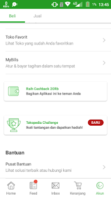 Buka aplikasi Tokopedia>Pilih menu Akun>Pilih Raih Cashback 20Rb