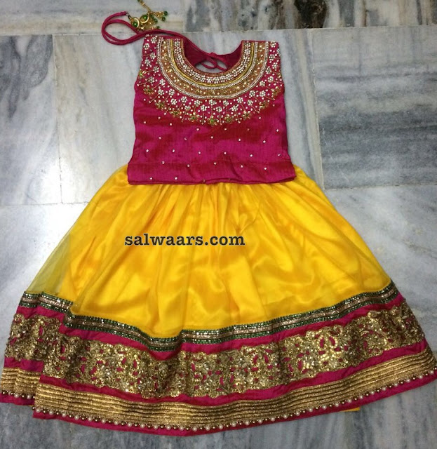 Yellow and Pink Small Kids Lehenga