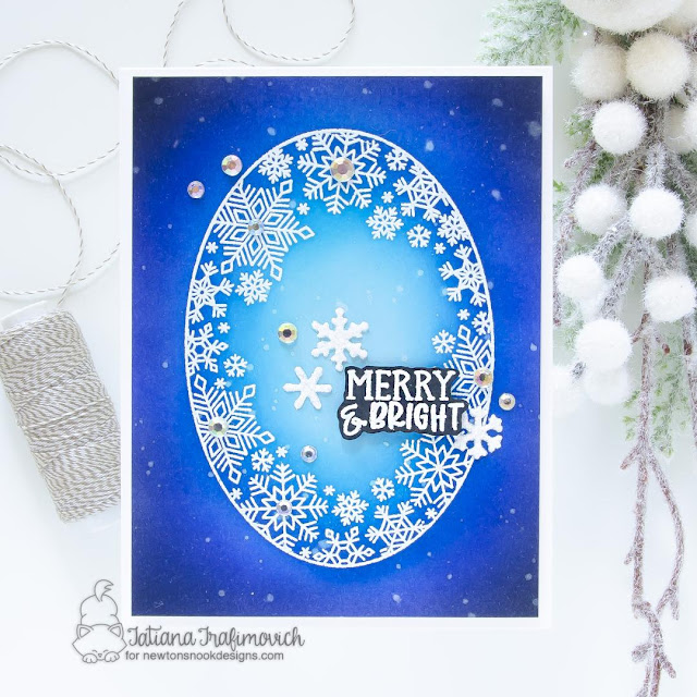 Snowflake Holiday Card by Tatiana Trafimovich | Snowflake Oval Stamp Set and Snow Globe Shaker Set by Newton's Nook Design