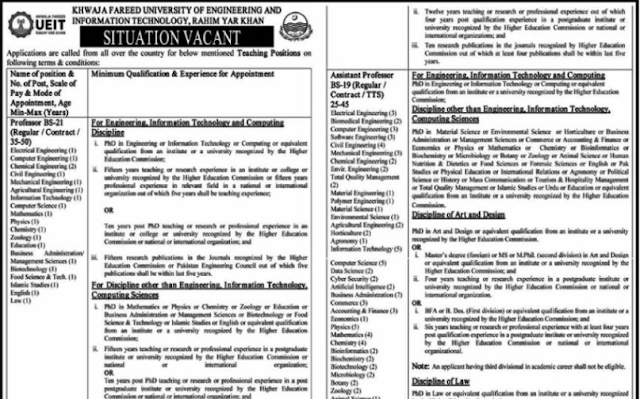 Latest jobs Khawaja Fareed University of Engineering & Information Technology Education Posts job Rahim Yar Khan 