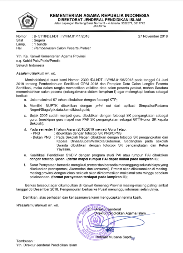 Surat Verifikasi Pretes GPAI Tahun 2018
