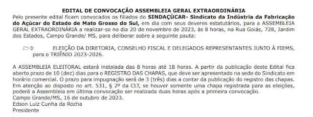 Imagem mostra edital de convocação do Sindicato das Indústrias de Açúcar do Mato Grosso do Sul