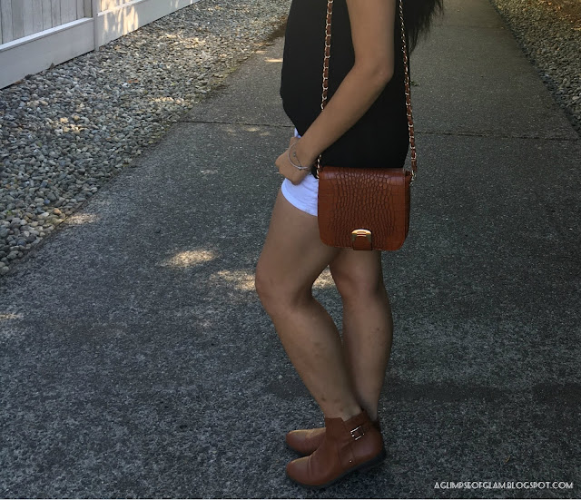 Sleeveless Sweetheart Neckline Black Top White Shorts Brown Boots - Andrea Tiffany A Glimpse of Glam