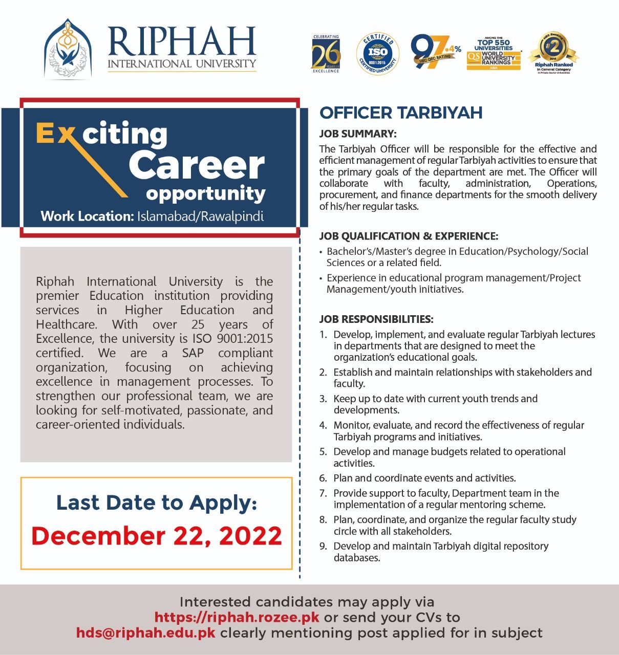 Riphah International University Jobs For Tarbiyah Officer