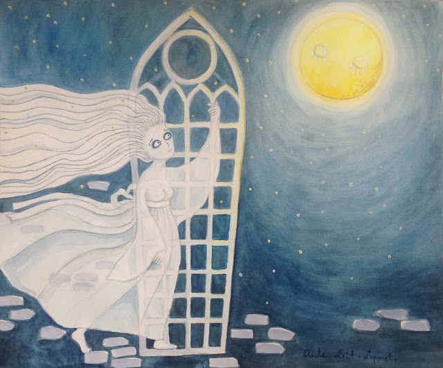 White Lady illustration art watercolor aquarelle haapsalu full moon stars night