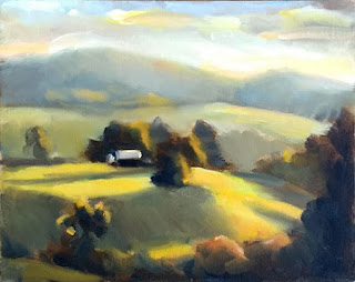 Oil painting of a distant building with nearby trees casting long shadows.