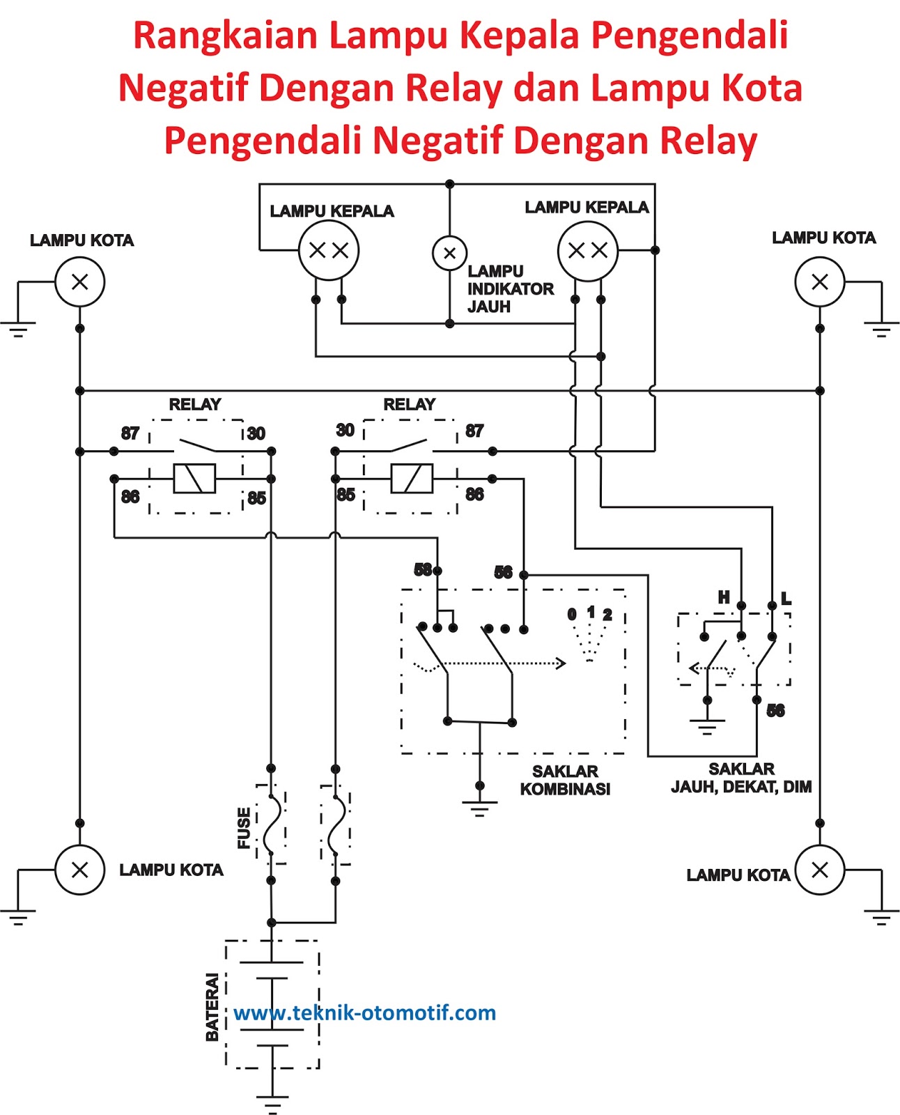  Rangkaian  Lampu  Kepala Pengendali Negatif Dengan Relay 