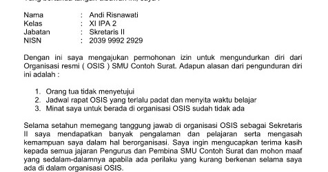 Contoh Surat Pengunduran Diri dari Organisasi (OSIS 