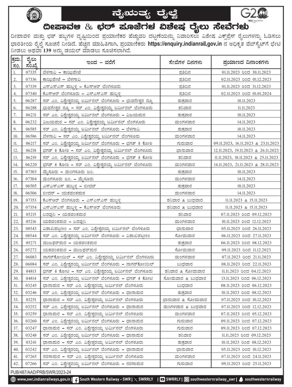 South Western Railway Special train for deepavali