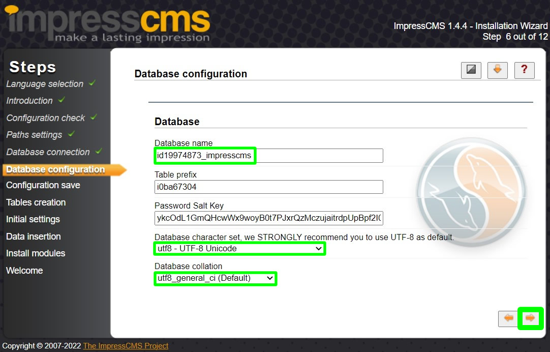 impresscms installation mysql database name