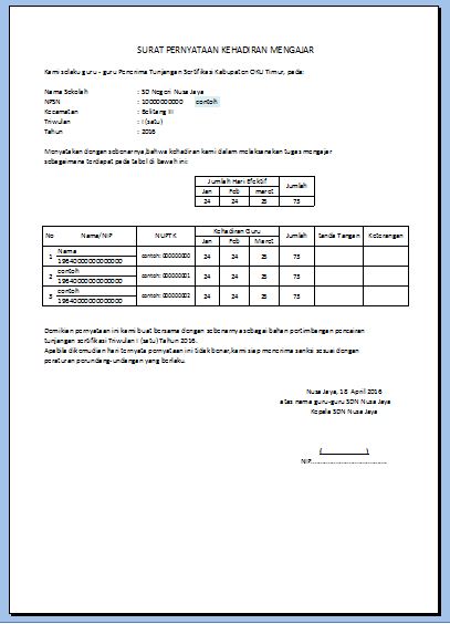 Surat Pernyataan Kehadiran bagi Guru Sertifikasi ~ E-Share