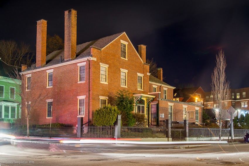 Portland, Maine USA December 2016 photo by Corey Templeton of the Neal Dow Historic House at 714 Congress Street at night.