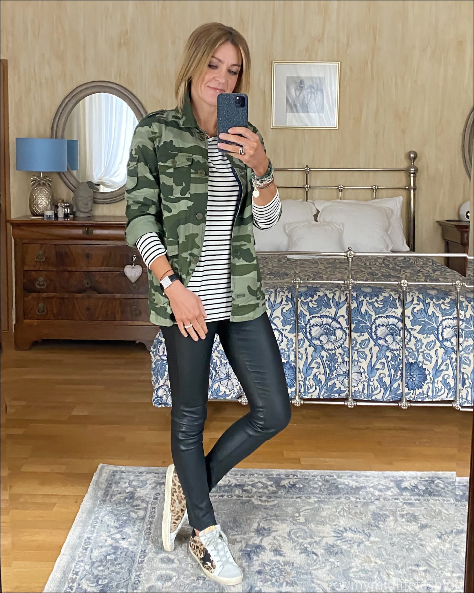 my midlife fashion, baukjen hanna top, hush leather leggings, golden goose superstar low top leather trainers, j crew camouflage shacket