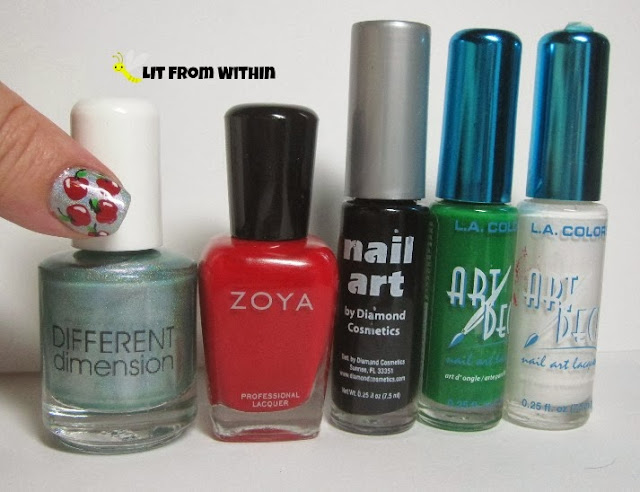 bottle shot:  Different Dimension Ocean's Daughter, Zoya Sooki, and nail art stripers in black, green, and white