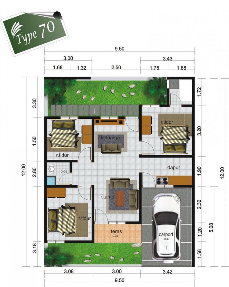 Denah Rumah Minimalis 3 Kamar Tidur Type 70, Motif Populer!