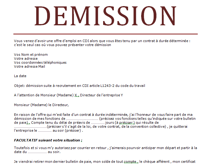Lettre de démission cdd sans préavis