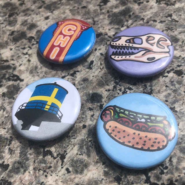 The Chicago Theatre, Sue's Head, Andersonville Water Tower and Chicago Hot Dog Transit Tees Chicago Round Magnets.