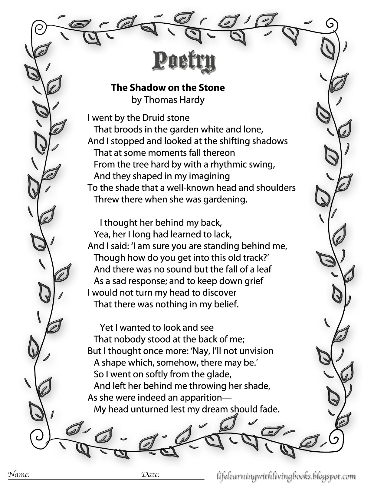 thomas hardy the shadow on the stone free printable poems charlotte mason homeschooling 2