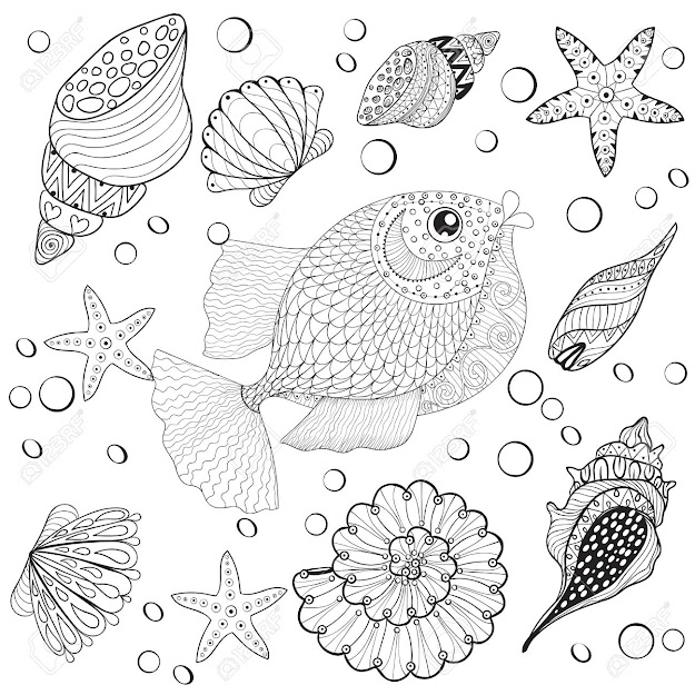 Hand Drawn Fish With Sea Shells For Adult Anti Stress Coloring Pages Post  Card