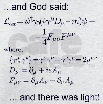 Text box, in the beginning, God said, followed by mathematical equations, ... and there was light!