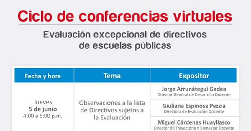 EN VIVO: Ciclo de conferencia virtuales sobre Evaluación Excepcional de Directivos de Escuelas Públicas - MINEDU - www.minedu.gob.pe