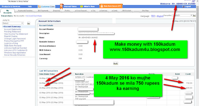 4 May 2016 ko mujhe 150kadum se 750 rupees ka earning hua hai-see screenshot 