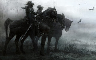 knights fog weapons fantasy art armor horses artwork warriors ravens swords  / 2560x1600 Wallpaper