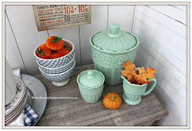 Fall Breakfast Nook Decor-Pioneer Woman-Timeless Beauty-Jadeite-Cookie-Jar-Sugar-Creamer-Mini-Pumpkins-From My Front Porch To Yours