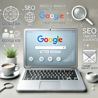 A modern and professional digital marketing image featuring a laptop with Google Ads interface, SEO, and keyword icons