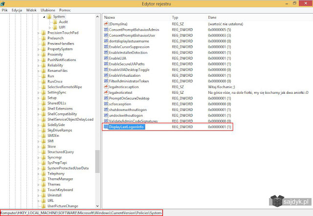 Klucz DisplayLastLogonInfo o wartości 1