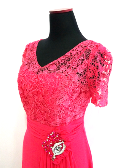 Gaun Pesta Panjang Fuchsia Sifon Brokat