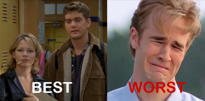 Pacey and Jen with the word "BEST" underneath them and Dawson on the right with the word "WORST" beneath him
