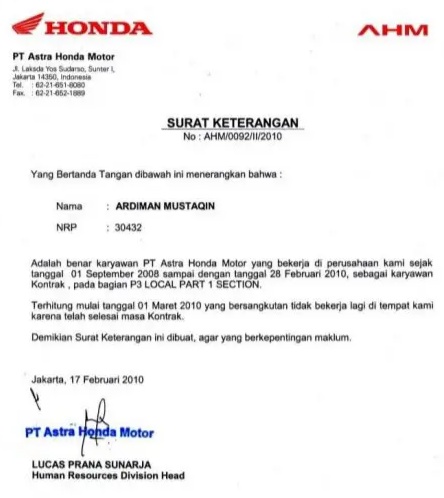 Percontohan surat keteranga kerja dan pengalaman saat kerja di bengkel