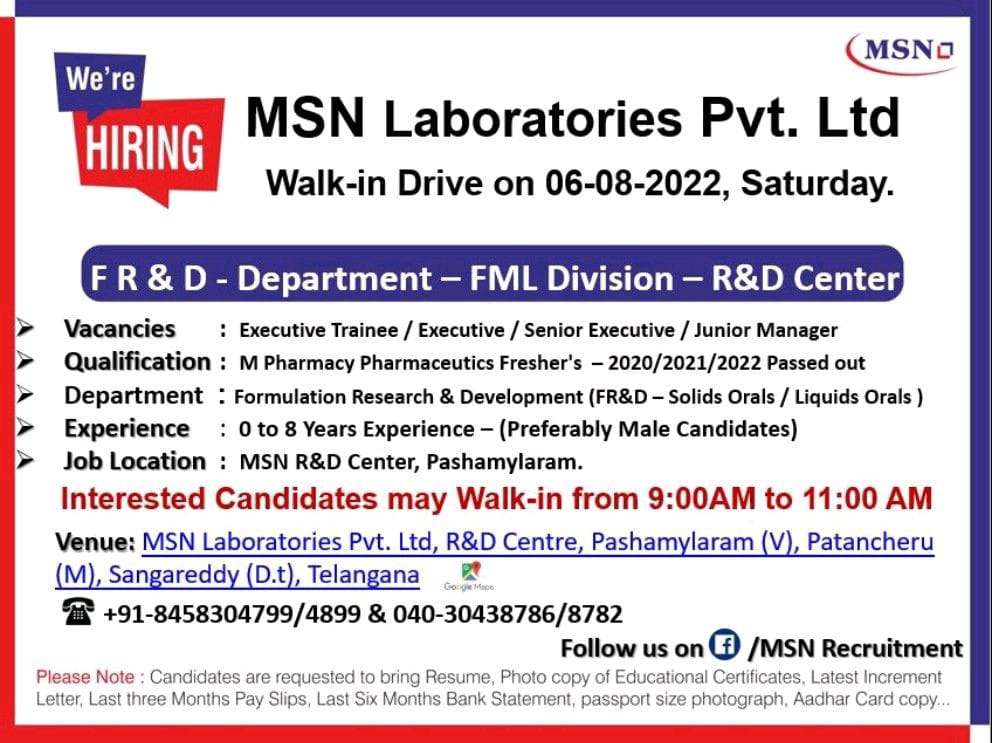 Job Available's for MSN Laboratories Pvt Ltd Walk-In Interview for Fresher’s & Experienced/ M Pharmacy