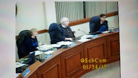 Vice Chair Anne Bergen, Chair Kevin O'Malley and Denise Schultz at the School Committee meeting Tuesday
