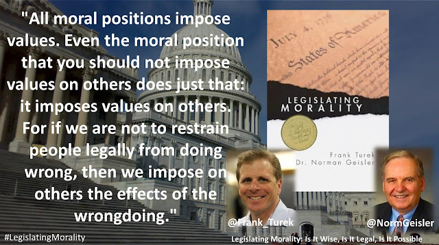 Quote from Norman Geisler and Frank Turek in the book "Legislating Morality: Is It Wise, Is It Legal, Is It Possible": "All moral positions impose values. Even the moral position that you should not impose values on others does just that: it imposes values on others. For if we are not to restrain people legally from doing wrong, then we impose on others the effects of the wrongdoing."