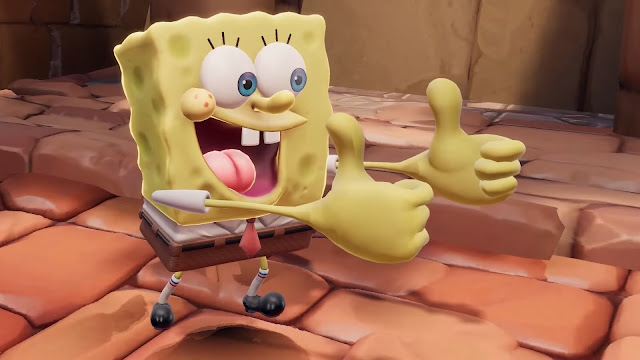 SpongeBob Squarepants gives a double thumbs up in a screenshot from Nickelodeon All-Star Brawl 2