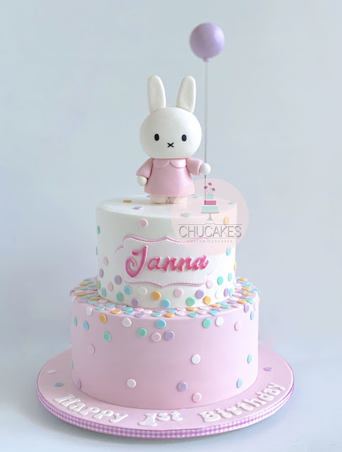 miffy fondant cake 2 tier chucakes polka dots 1st birthday bunny balloon