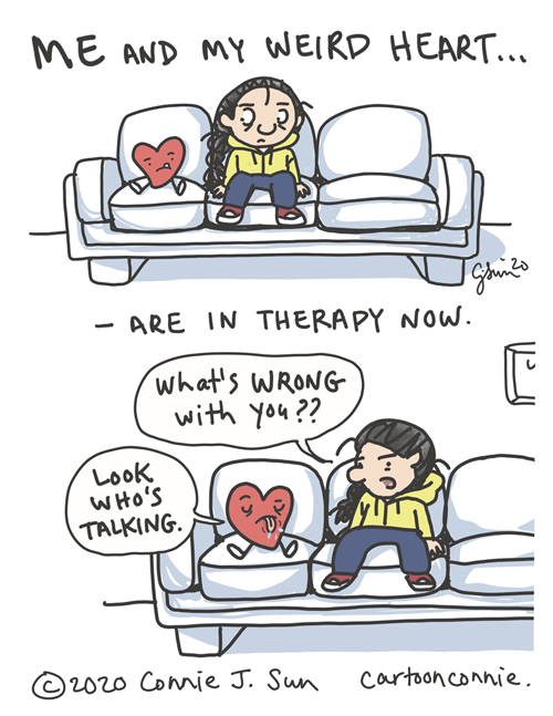 Cartoon illustration about getting therapy and prioritizing mental health wellness. Image of a woman and her heart sitting on a couch. Drawing by Connie Sun, cartoonconnie