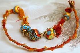 Summer heat: lampwork by Cherry Obsidia, brass wire, sari silk, wire-wrapping, ooak necklace :: All Pretty Things