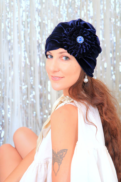 Flower Turban Headwrap in Navy Blue Velvet by Mademoiselle Mermaid