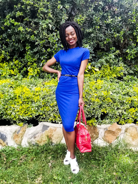 A Blue Bodycon Dress With Sneakers Outfit