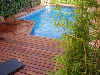 Wood flooring in the pool